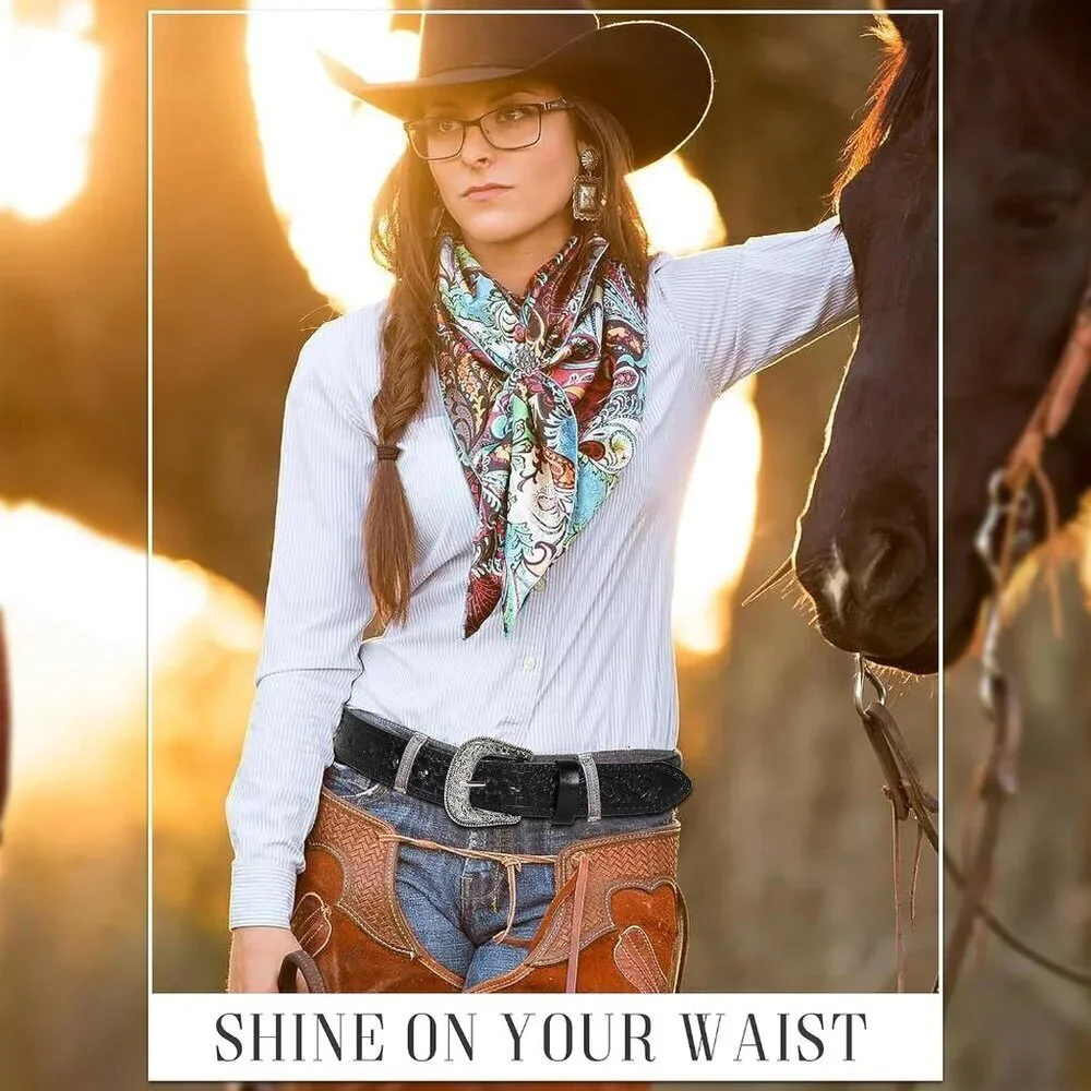 Women's Black 2 Adjustable Vintage Western Belts Engraved Buckle Cowgirl Belt